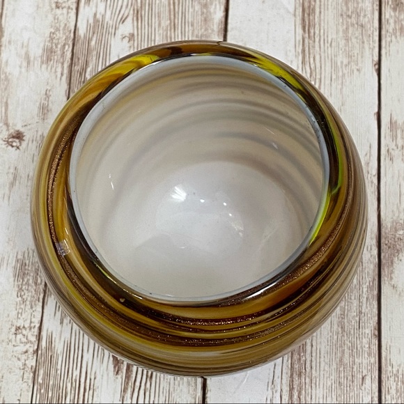Murano Style Handblown Art Glass Swirl Gold/Brown Globe Candle Holder 3.5” Vase - Picture 6 of 14